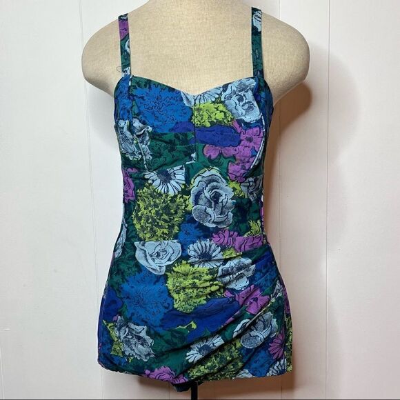 Vintage Pin Up Floral Swimsuit Romper Size Medium Pleated Bodice Tummy Metal Zip - Picture 1 of 8